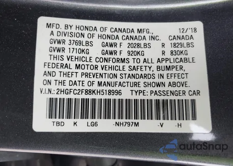 2019 Honda Civic Sport z USA, uszkodzony, nr VIN 2HGFC2F88KH518996